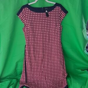 paper doll Red Geometric Cap-Sleeve Midi Dress with Navy Trim